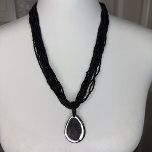 Vintage Black Glass Seed Bead Multi Strand Necklace Silver Tone Teardrop Pendant
